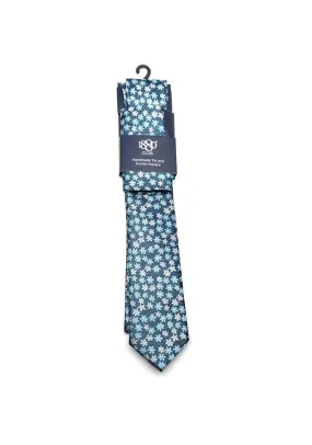 1880 Club Floral Print Handmade Tie and Pocket Square, Blue