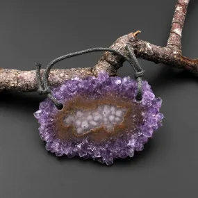 2 Hole Pendant Natural Amethyst Stalactite Flower Pendant Flat Slice Freeform One of a Kind P0105