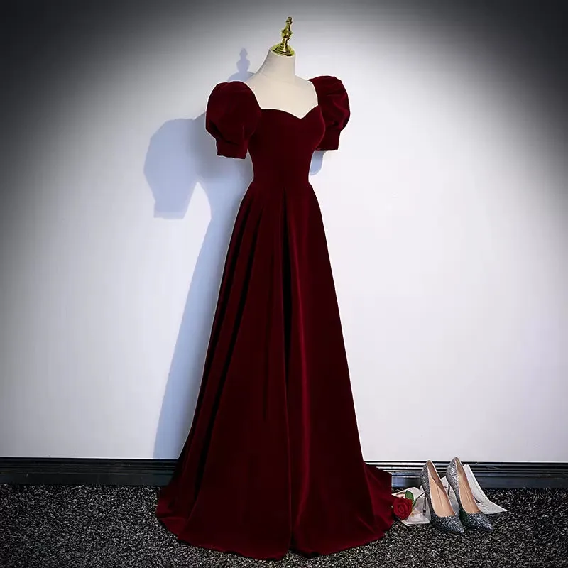 A line Short Sleeves Burgundy Velvet Long Prom Dresses SH056