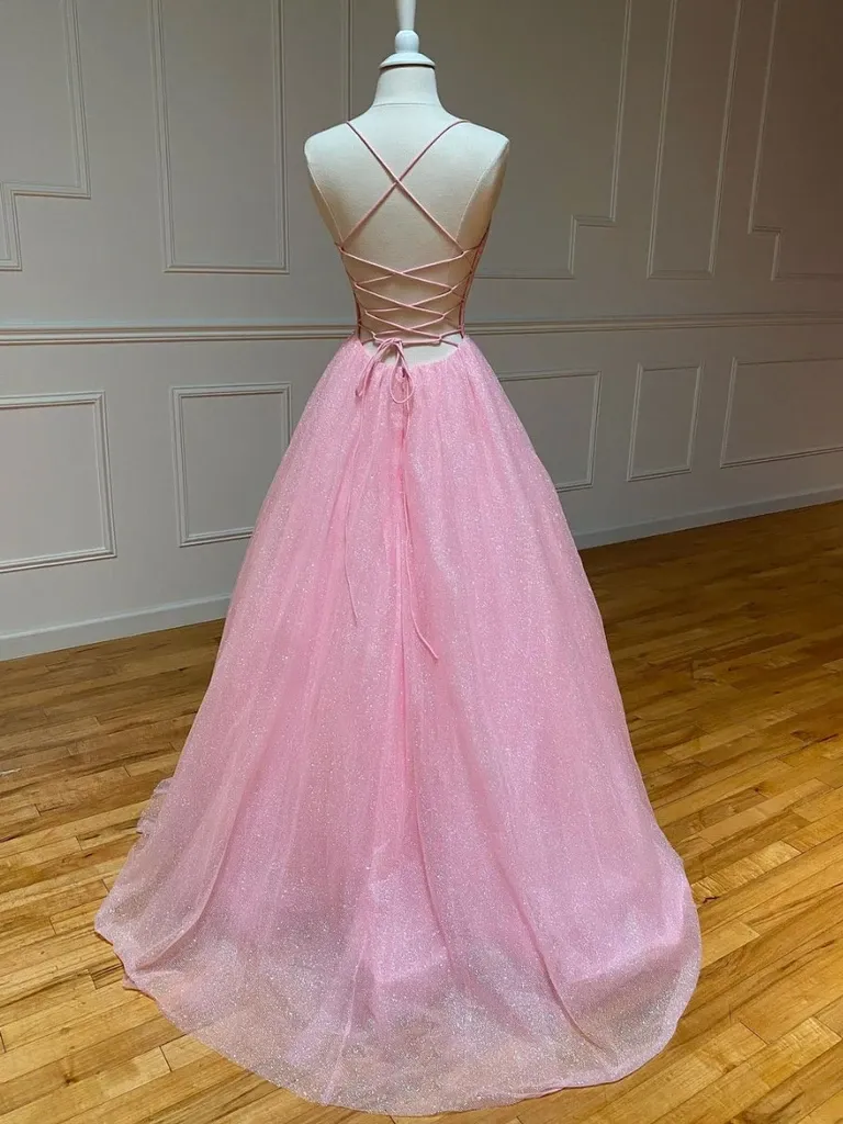 A Line V Neck Pink Backless Tulle Long Prom Dresses, A Line V Neck Pink Backless Tulle Long  Formal Evening Dresses