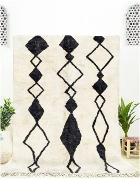 Authentic Moroccan Wool White Cream and Black Beni Mrirt Rug