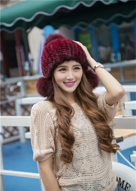 Autumn Winter Optimal 100% Real Mink Fur Knitted Ear Protector Hats for Girls