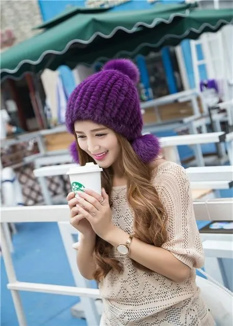 Autumn Winter Optimal 100% Real Mink Fur Knitted Ear Protector Hats for Girls