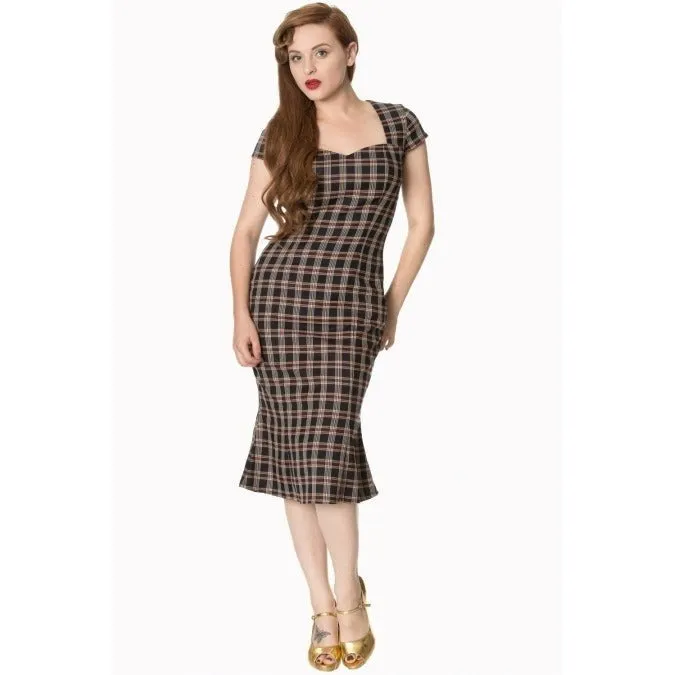 Black & Red Tartan Check Capped Sleeve Peplum Pencil Dress