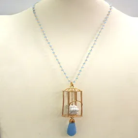 Blue Chalcedony Chain with Carved Howlite Owl on Cage and Blue Jade "Gazebo" Terra Firma Pendant