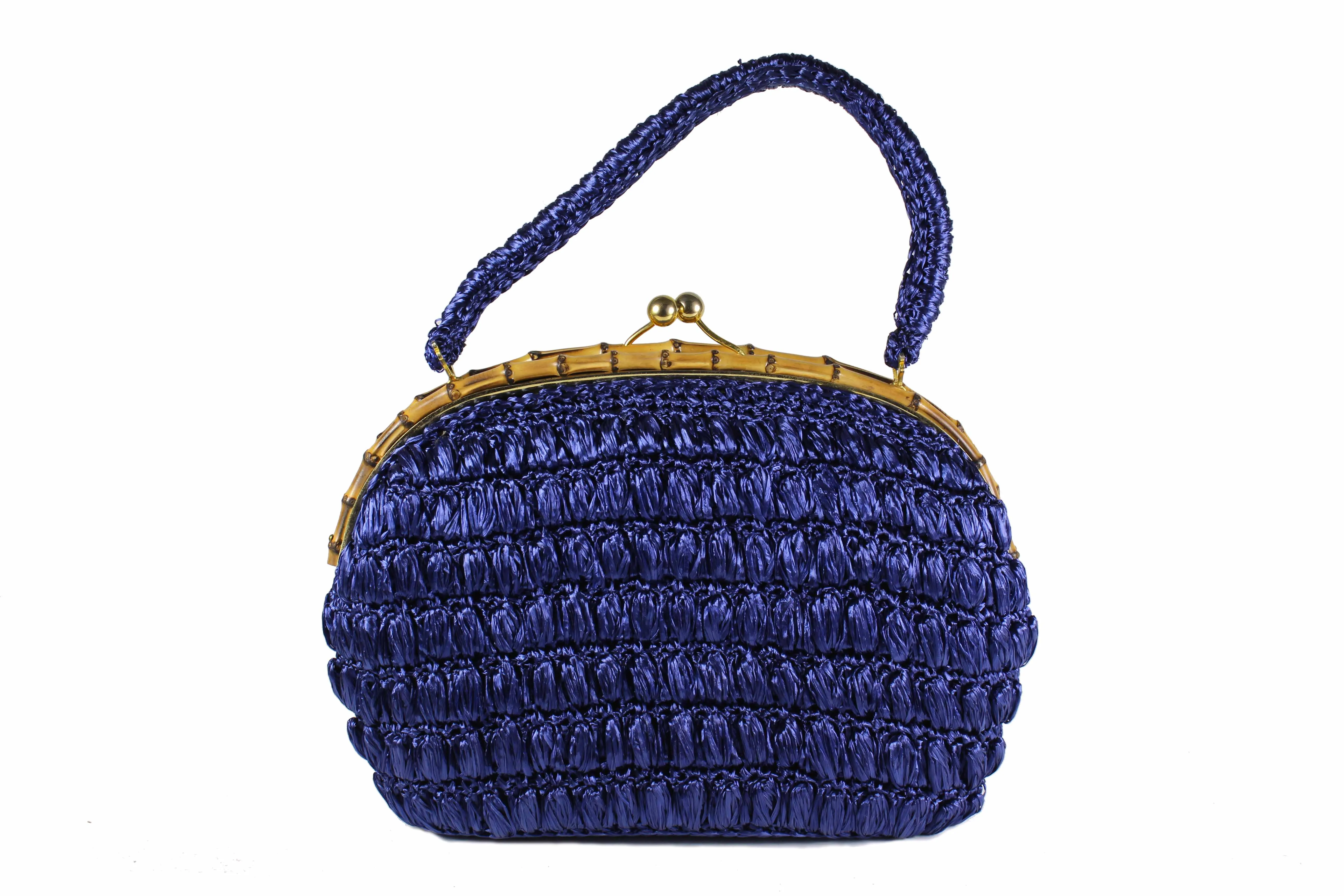 Blue raffia bamboo frame handbag