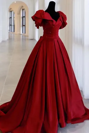 Burgundy satin long A line prom dress evening dress KS5901