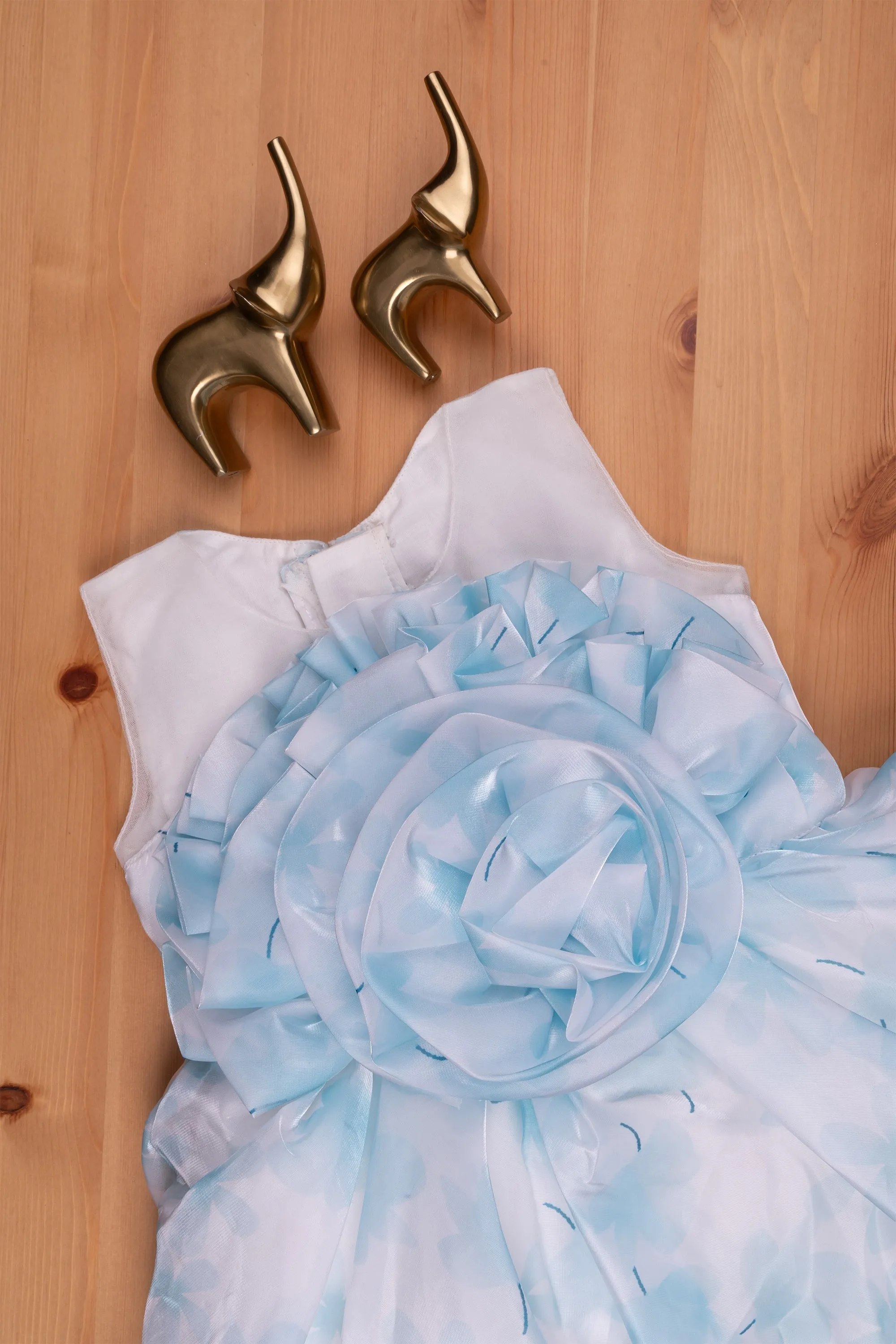 Chic Blue Organza Party Dress: Designer Floral Bow & Flared Style for Girls