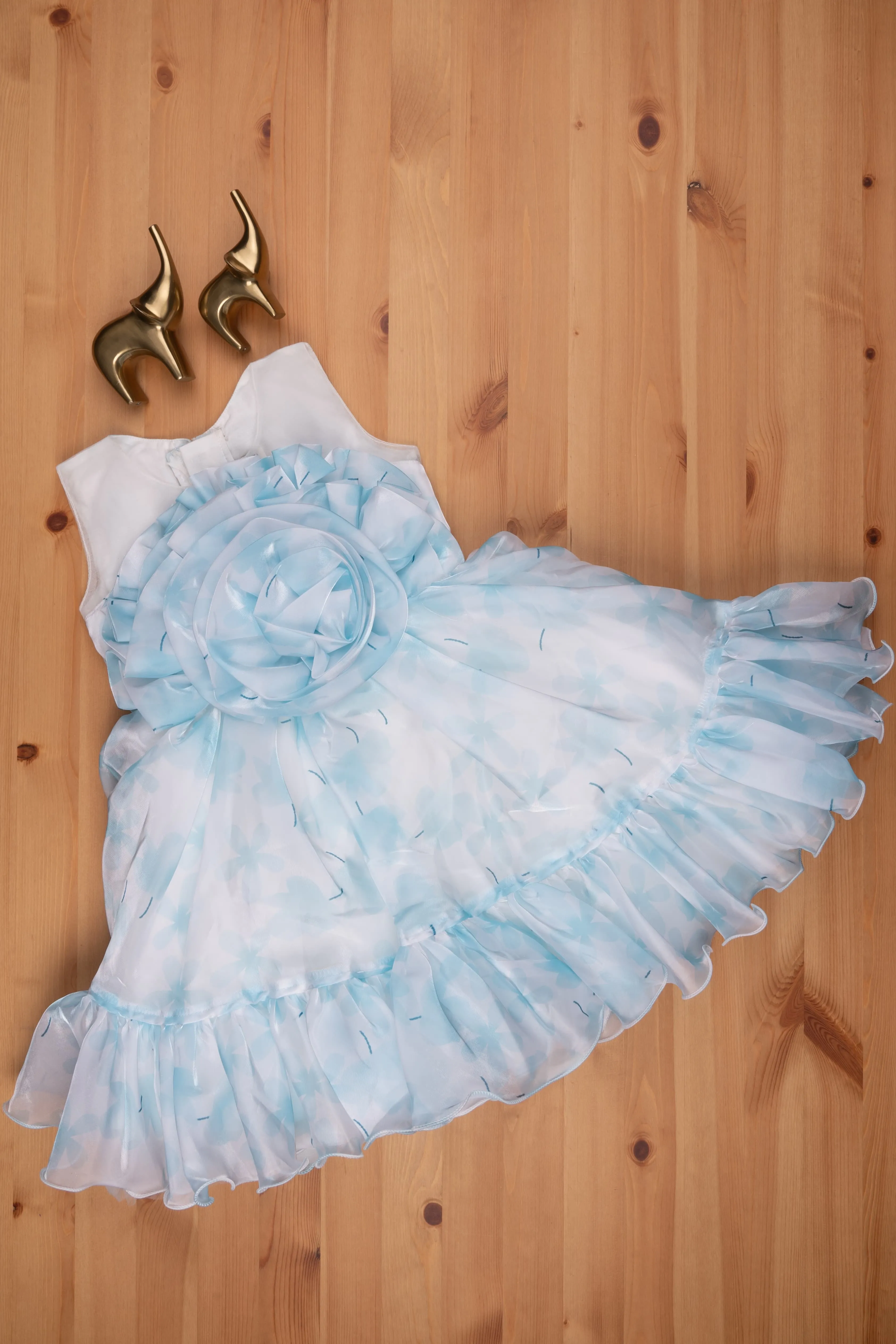 Chic Blue Organza Party Dress: Designer Floral Bow & Flared Style for Girls