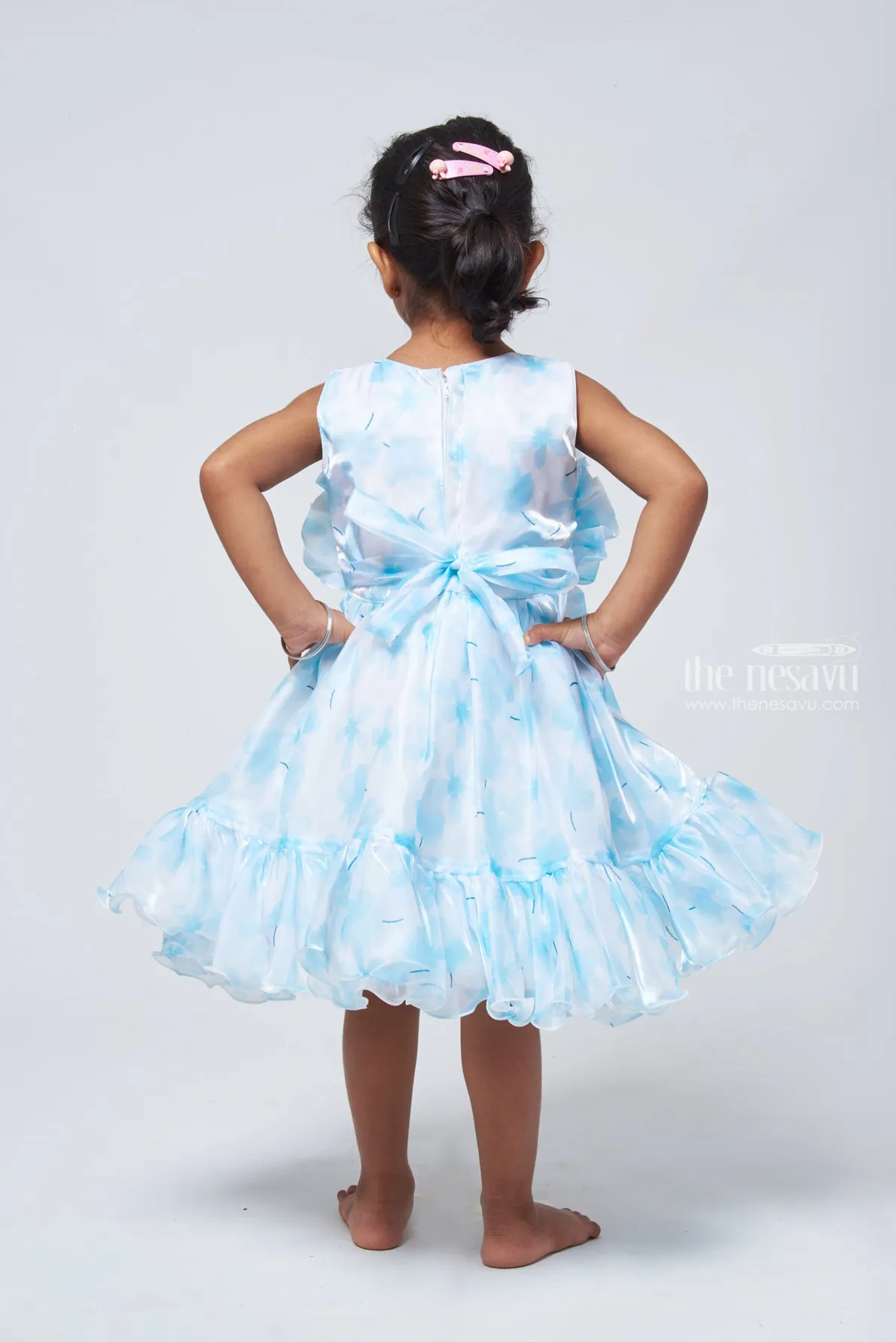 Chic Blue Organza Party Dress: Designer Floral Bow & Flared Style for Girls