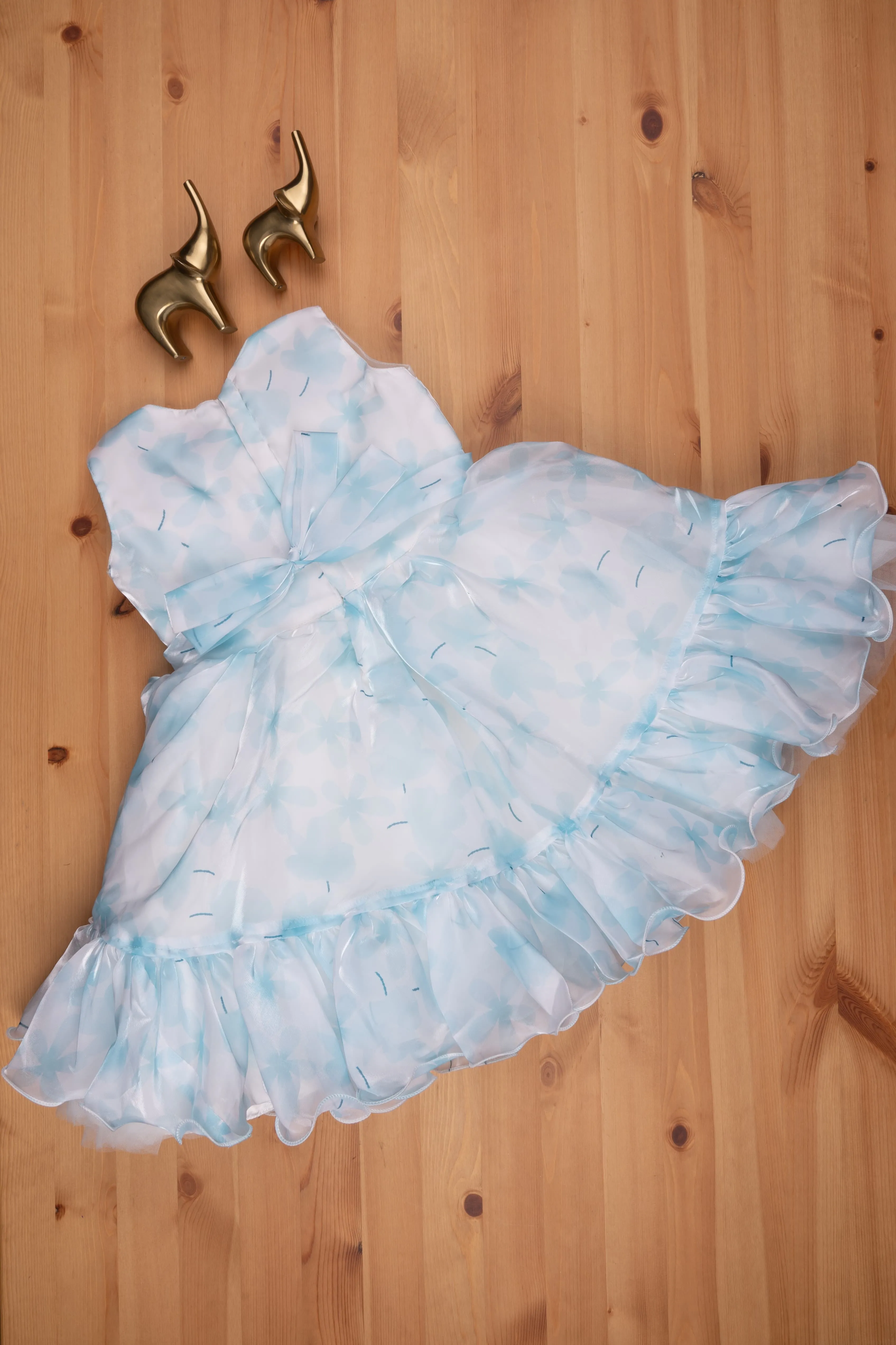 Chic Blue Organza Party Dress: Designer Floral Bow & Flared Style for Girls