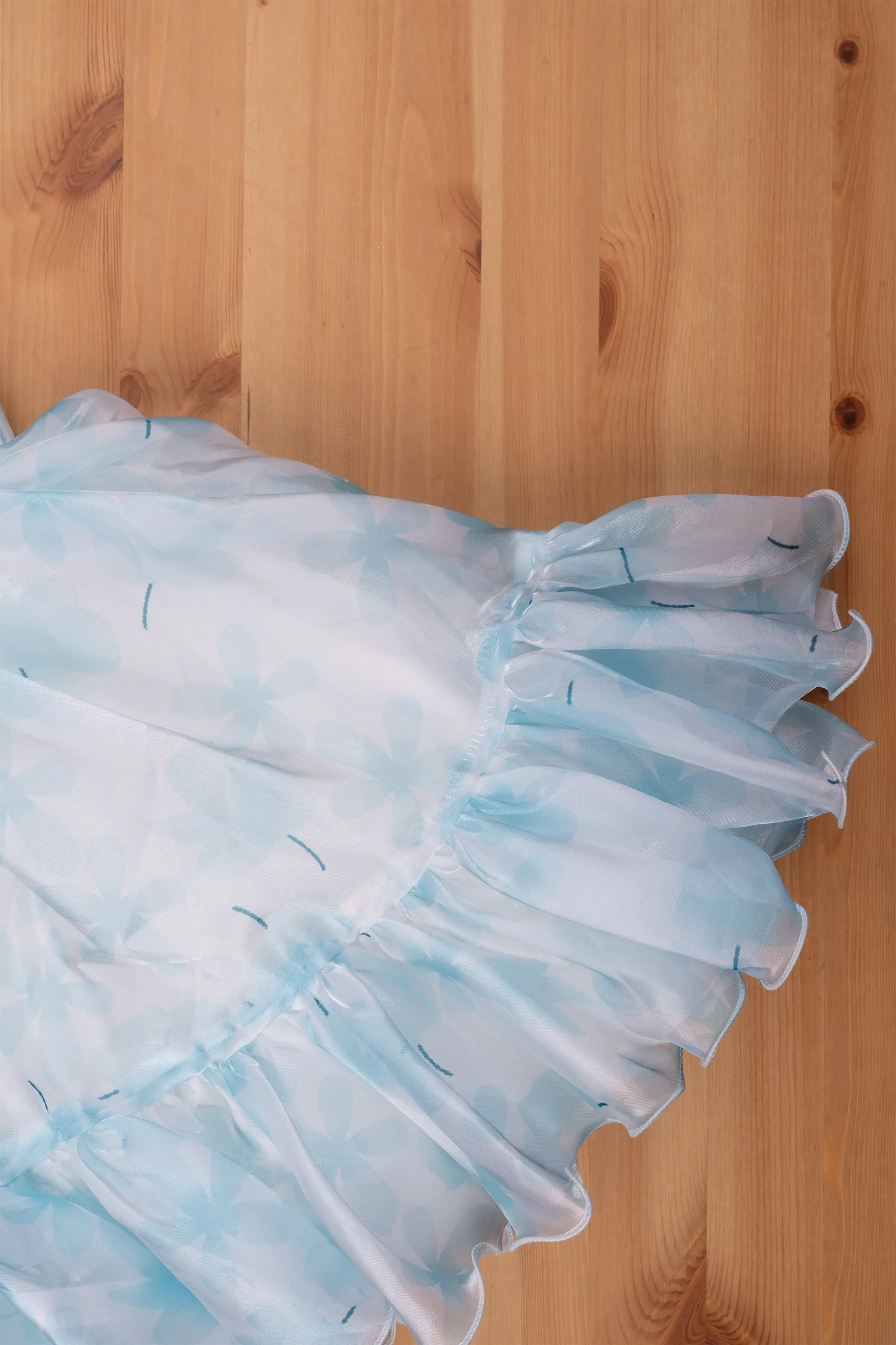 Chic Blue Organza Party Dress: Designer Floral Bow & Flared Style for Girls