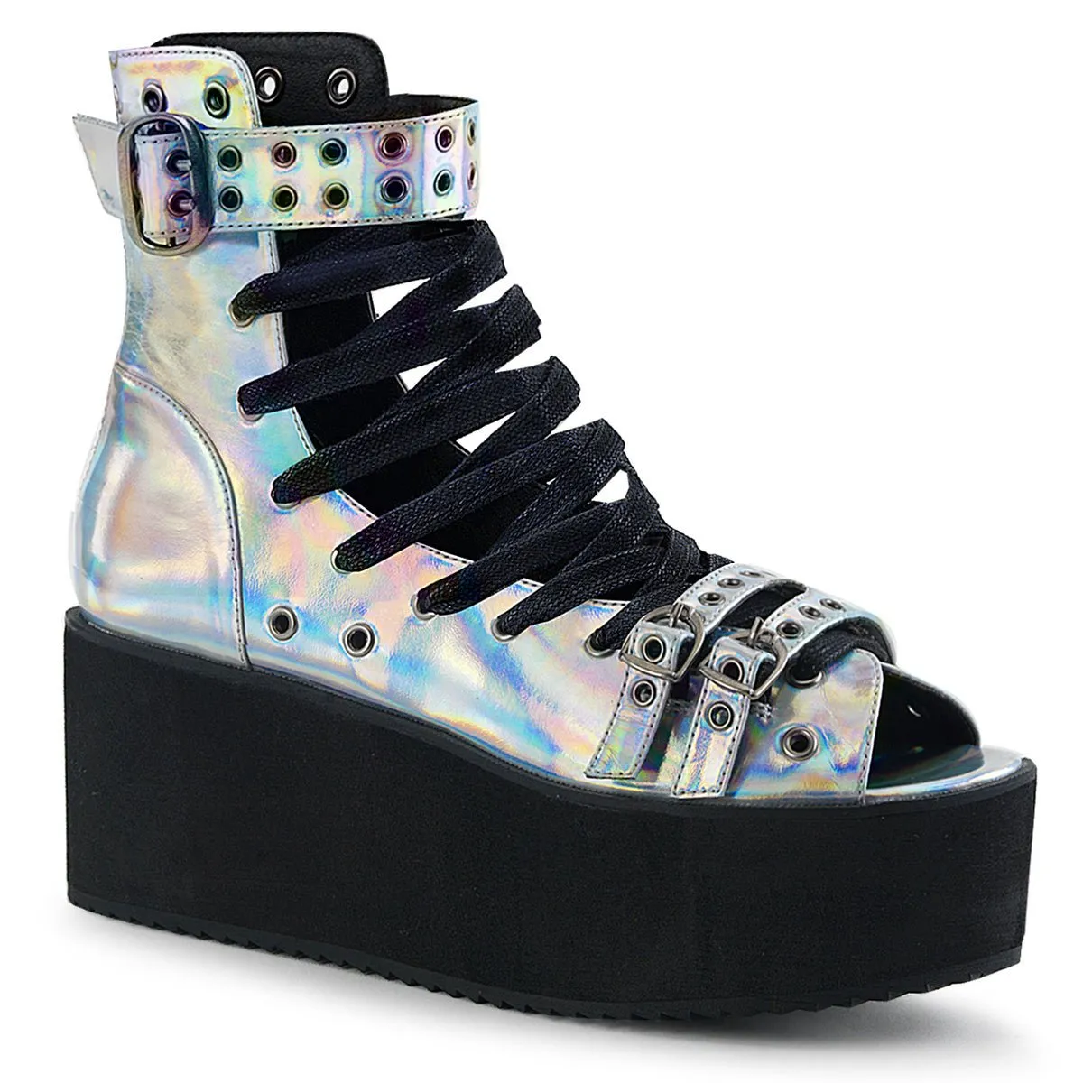 Demonia GRIP-105 | Silver Holographic Vegan Leather Sandals