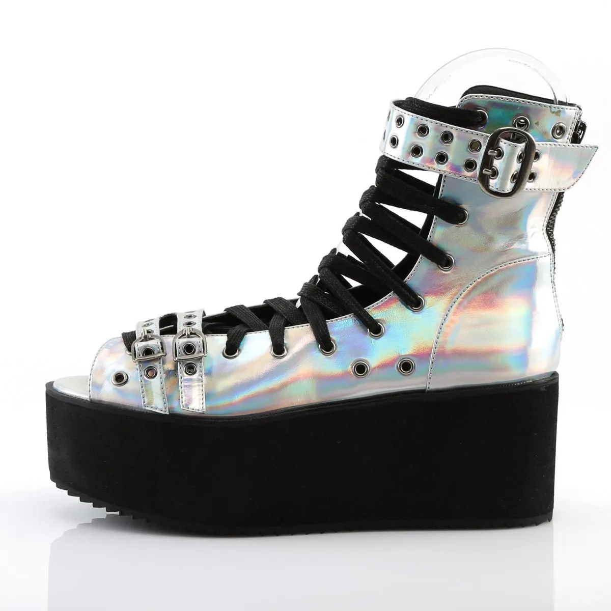 Demonia GRIP-105 | Silver Holographic Vegan Leather Sandals