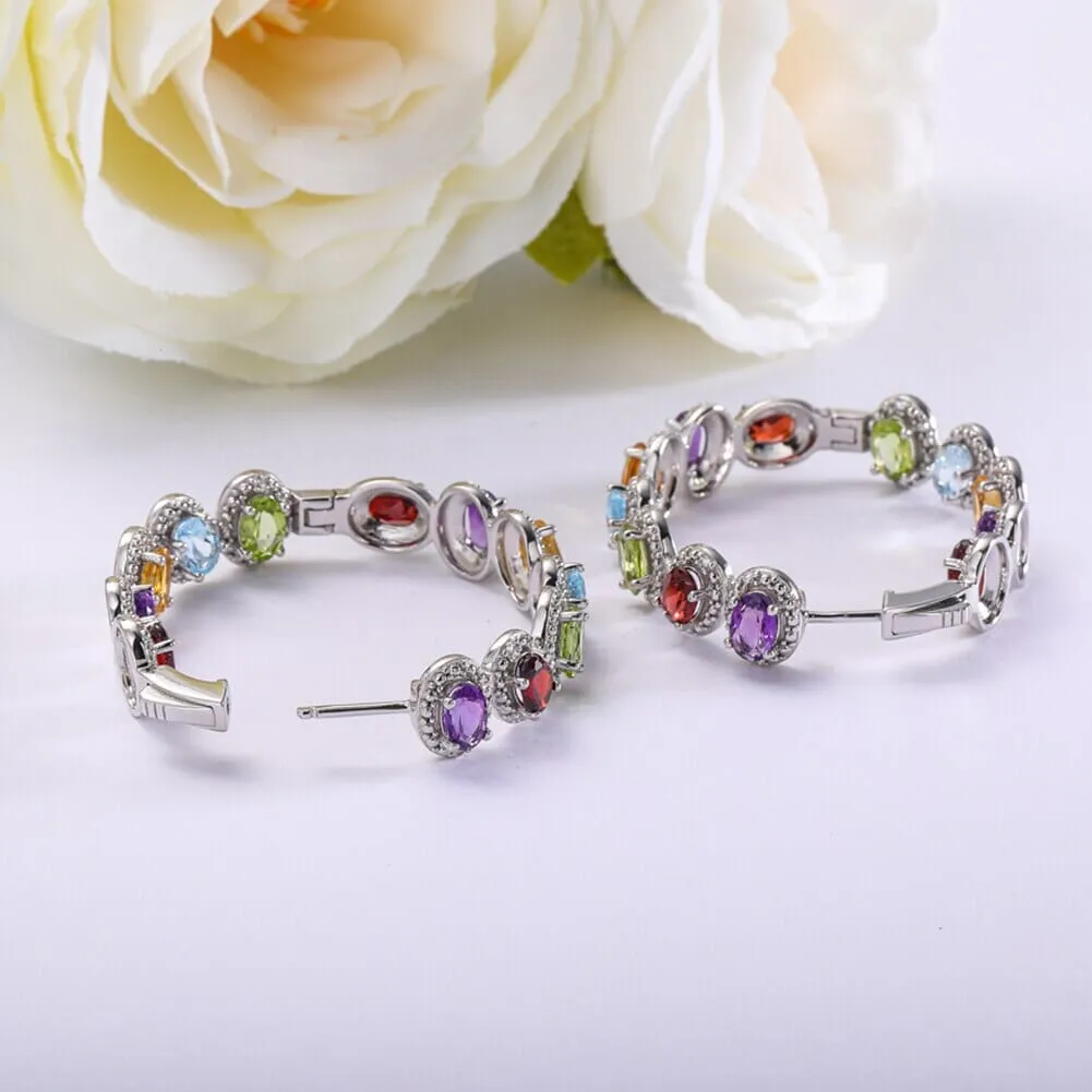 Garnet Peridot Amethyst Multi Gemstone 925 Sterling Silver Big Hoop Earrings