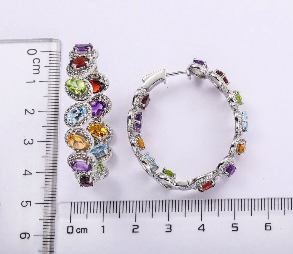 Garnet Peridot Amethyst Multi Gemstone 925 Sterling Silver Big Hoop Earrings