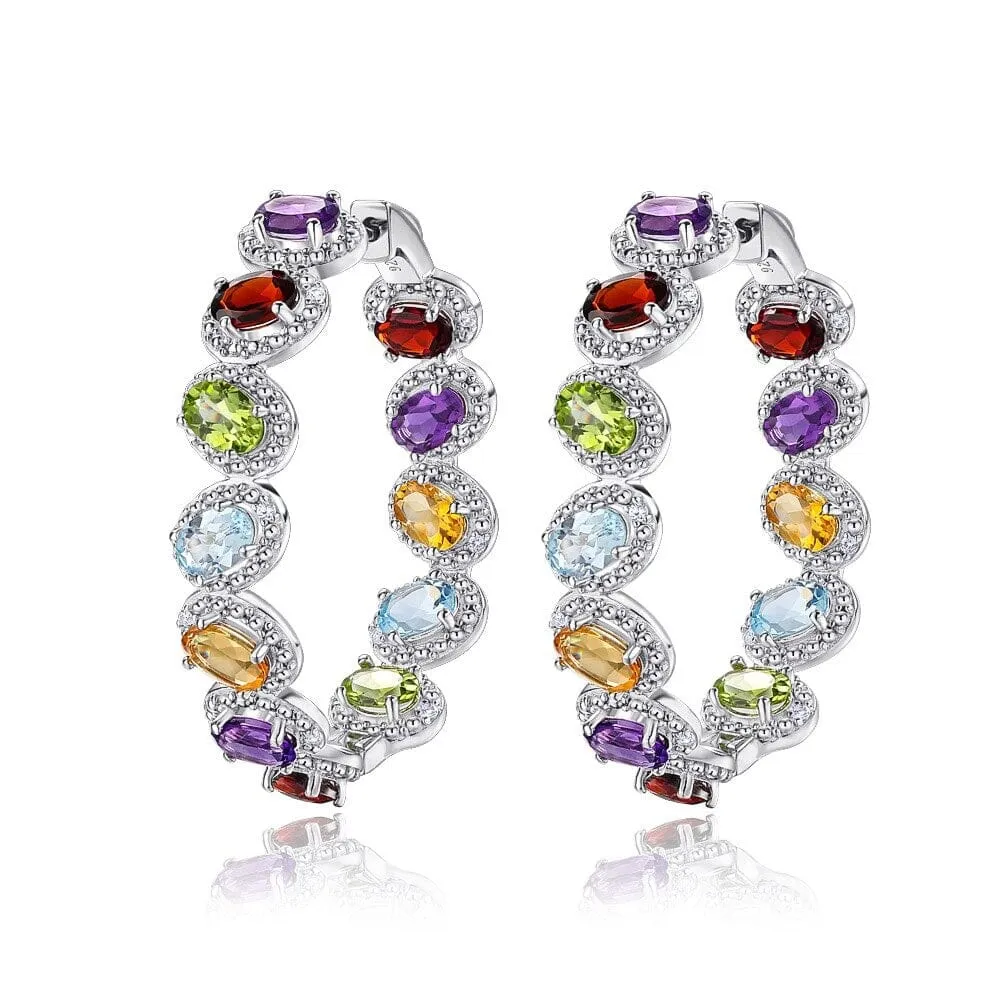 Garnet Peridot Amethyst Multi Gemstone 925 Sterling Silver Big Hoop Earrings