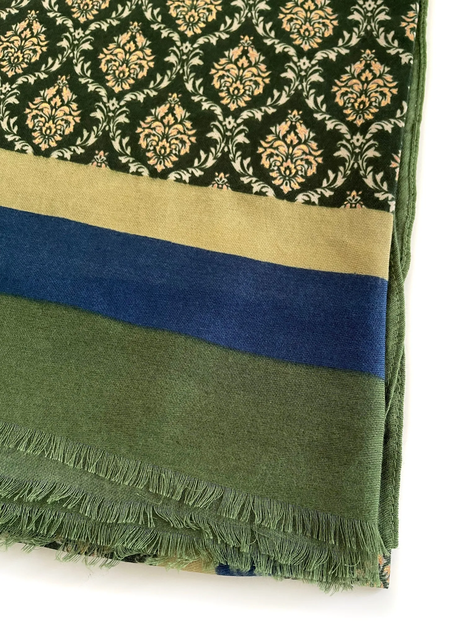 GREEN METALLIC PAISLEY PRINT PASHMINA SHAWL SCARF WITH STRIPES