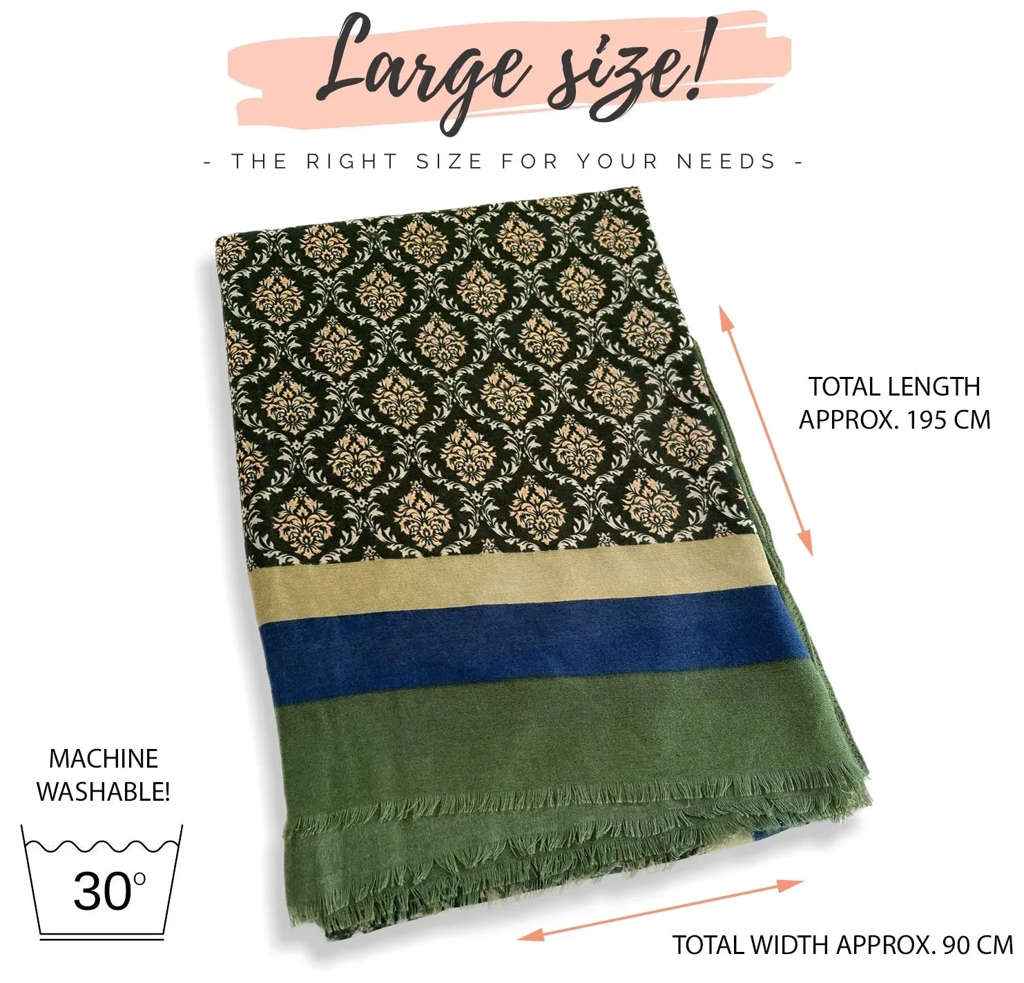 GREEN METALLIC PAISLEY PRINT PASHMINA SHAWL SCARF WITH STRIPES