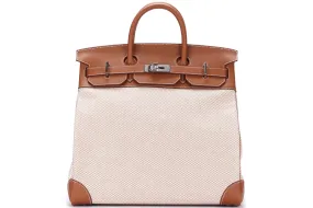 Hermes HAC 40 (Stamp Z), Criss Gold Evercolor Leather with Beige Toile, Silver Hardware, with Keys, Lock, Dust Cover & Box