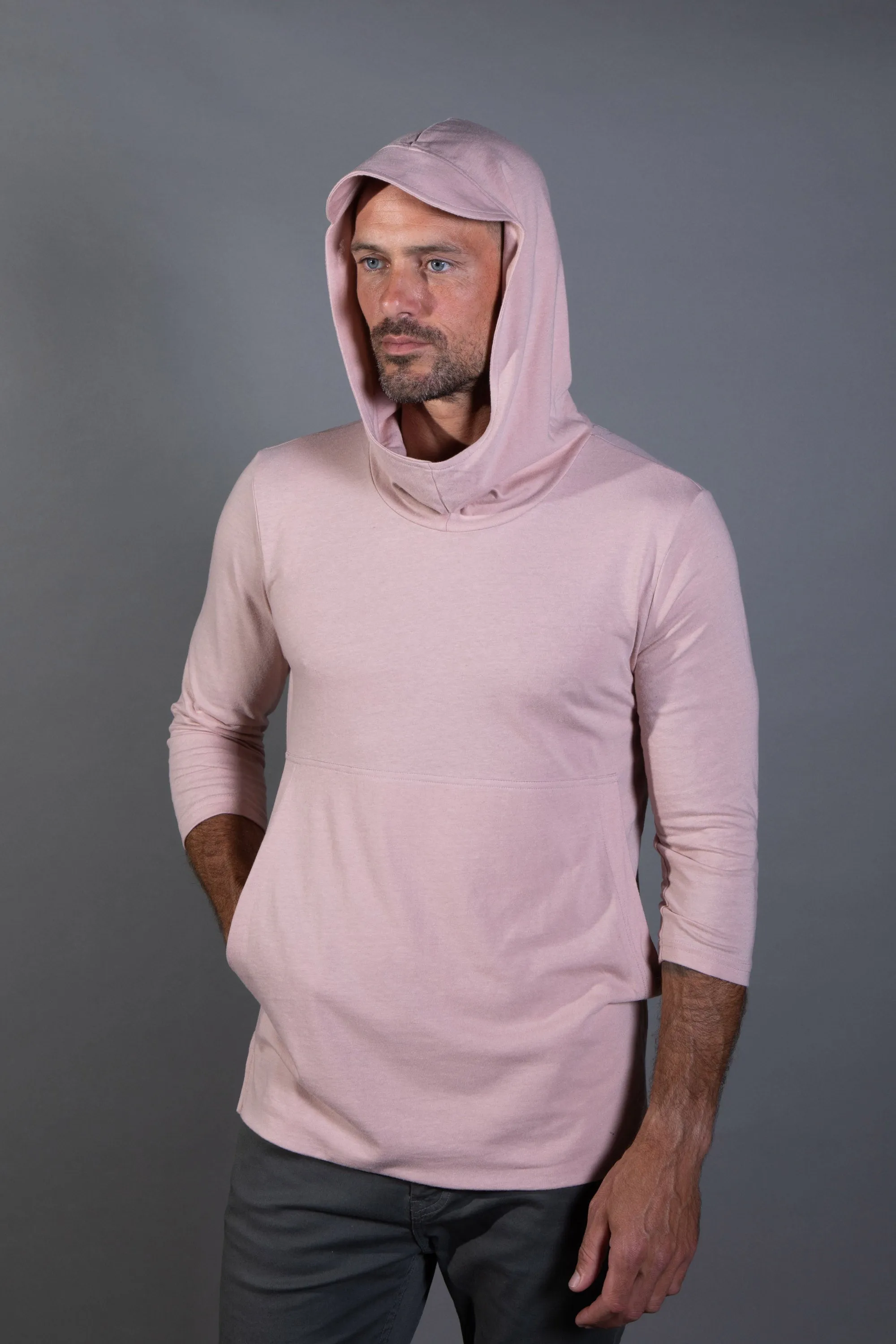 Men's 3/4 Sleeve Cowl Neck Visor Hoodie