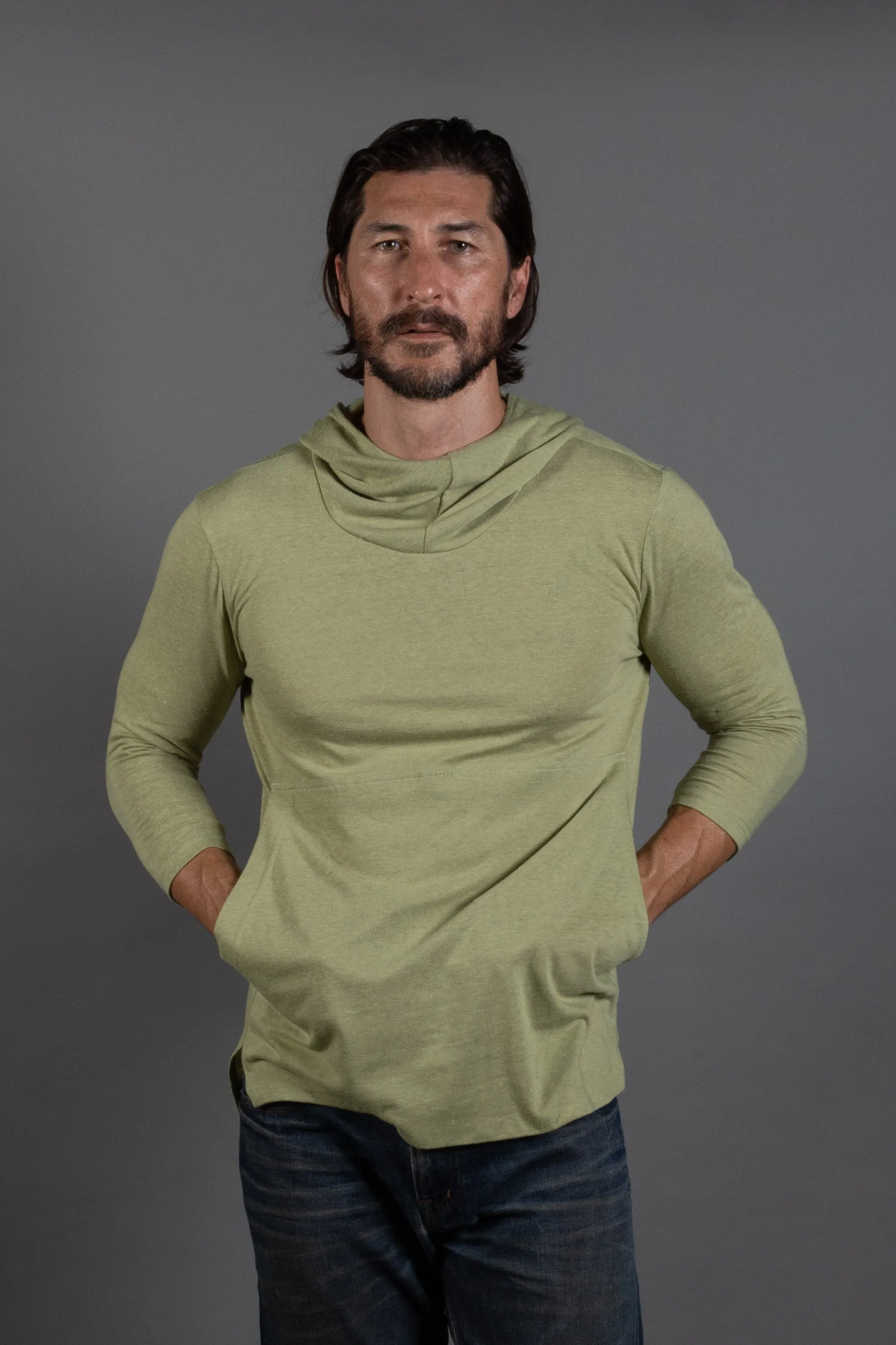 Men's 3/4 Sleeve Cowl Neck Visor Hoodie