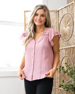 Naomi Lace Flutter Sleeve Button Down Top - Dusty Pink