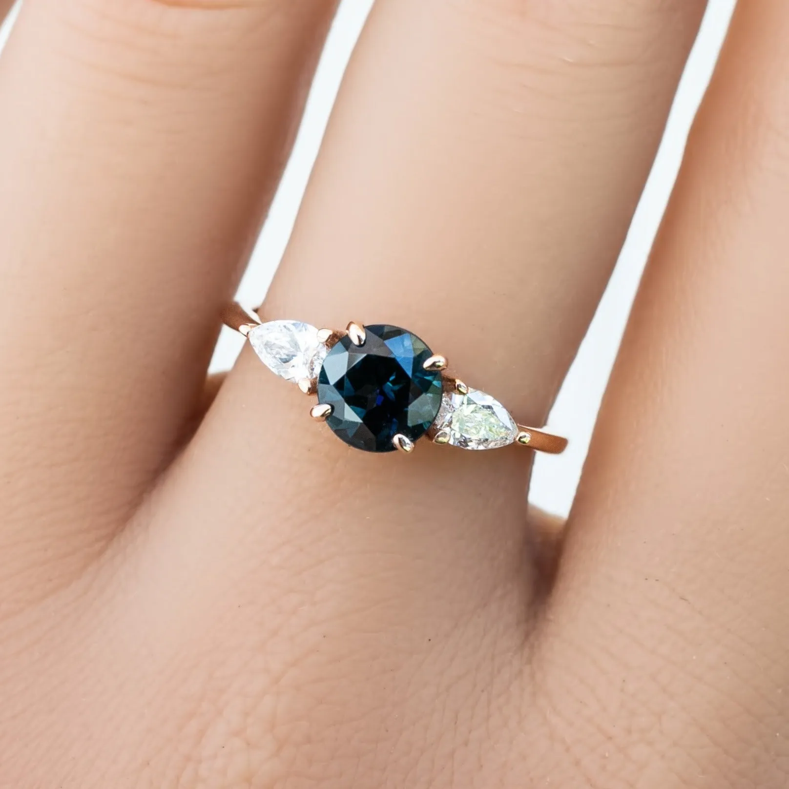 Olivia Grand Ring 1.37ct Deep Teal Blue Round Queensland Sapphire, 14K Rose Gold (One of a kind)