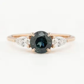 Olivia Grand Ring 1.37ct Deep Teal Blue Round Queensland Sapphire, 14K Rose Gold (One of a kind)