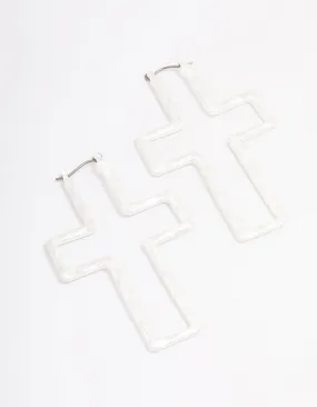 Silver Cross Outline Hoop Earrings