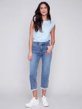 Straight Leg Jeans with Embroidered Stitch Hem - Medium Blue