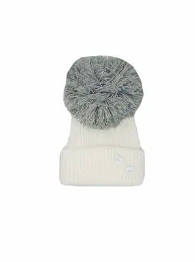 White Knitted Hat with Grey Pom Pom